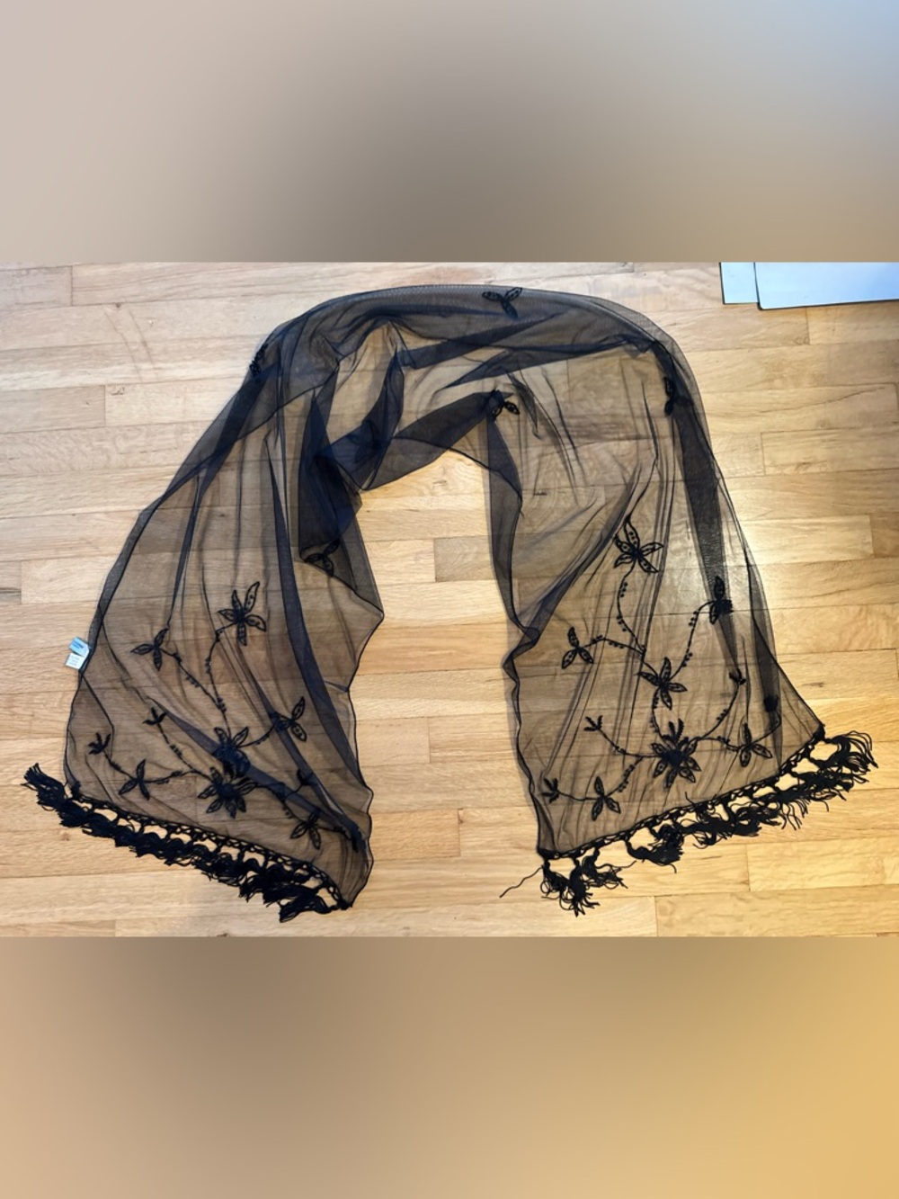 Bellissima Delicate Black Sheer Embroidered Scarf - Women's Accessory